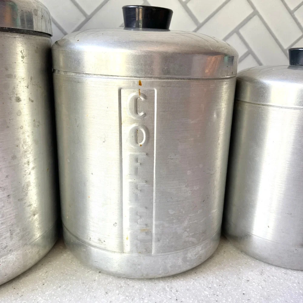 1950s Vintage Spun Aluminum Kitchen Canister Set of 4 Nesting Art Deco MCM